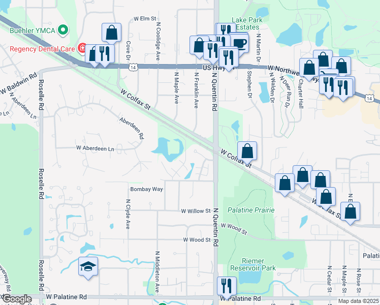 map of restaurants, bars, coffee shops, grocery stores, and more near 856 West Saint Johns Place in Palatine