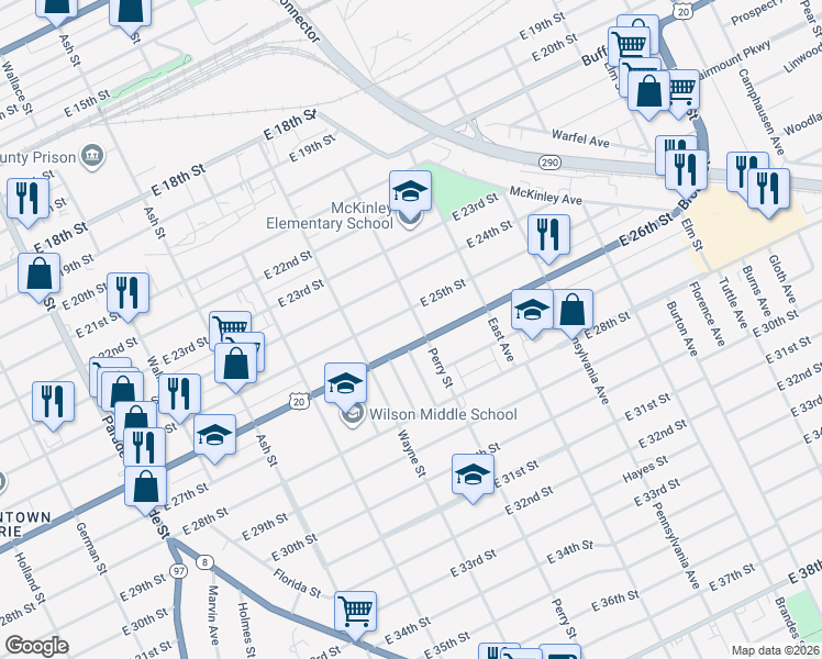 map of restaurants, bars, coffee shops, grocery stores, and more near 844-848 East 25th Street in Erie