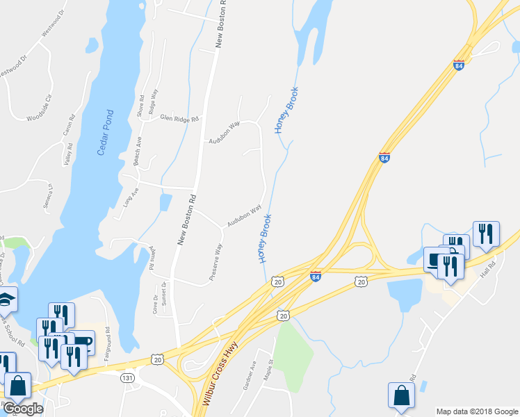 map of restaurants, bars, coffee shops, grocery stores, and more near 10 Audubon Way in Sturbridge