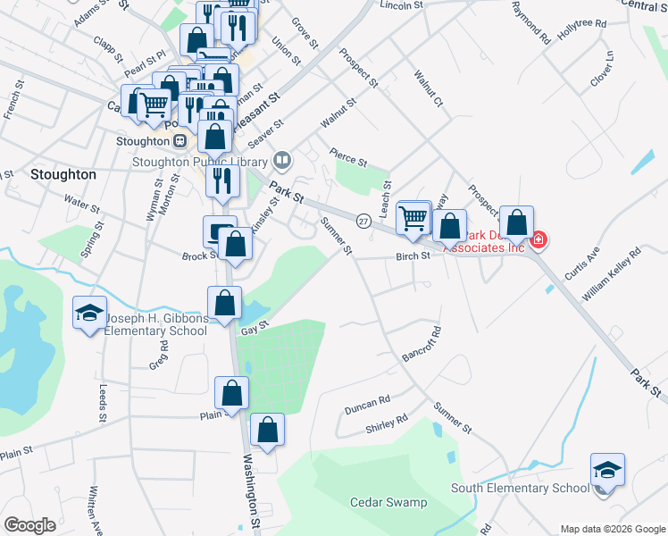 map of restaurants, bars, coffee shops, grocery stores, and more near 75 Sumner Street in Stoughton