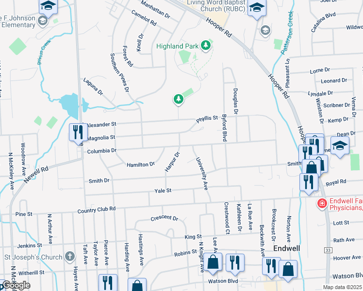 map of restaurants, bars, coffee shops, grocery stores, and more near 3001 Columbia Drive in Endwell
