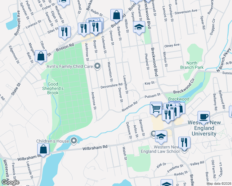 map of restaurants, bars, coffee shops, grocery stores, and more near 30 Warrenton Street in Springfield