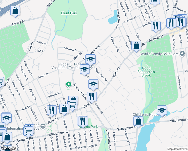map of restaurants, bars, coffee shops, grocery stores, and more near Blunt Park Road in Springfield