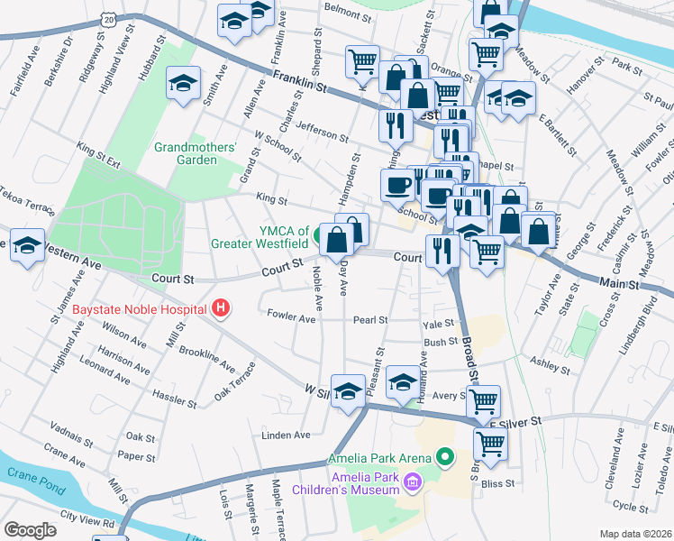 map of restaurants, bars, coffee shops, grocery stores, and more near 60 Court Street in Westfield