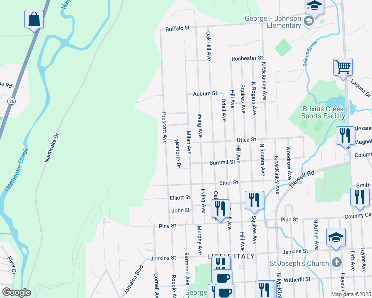 map of restaurants, bars, coffee shops, grocery stores, and more near 725 Milan Avenue in Endicott