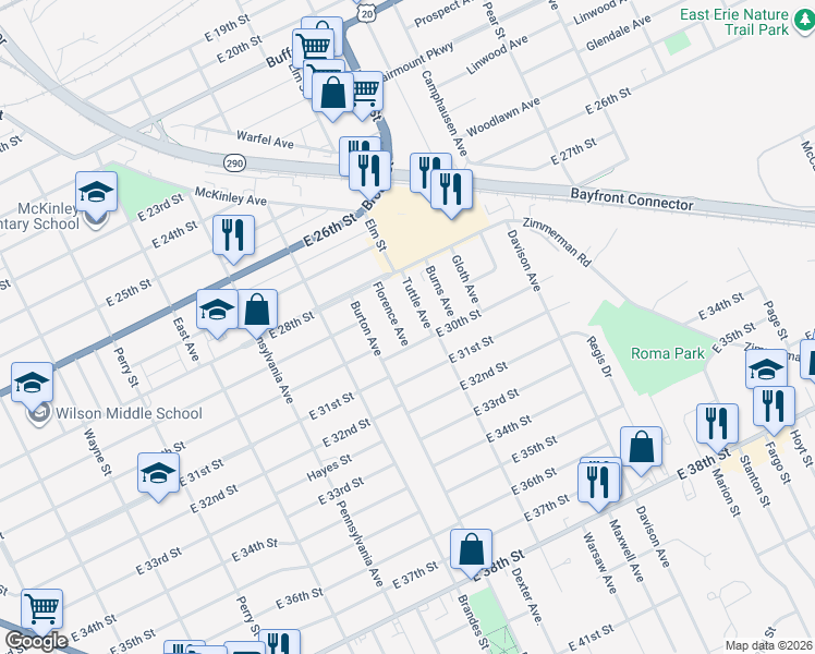 map of restaurants, bars, coffee shops, grocery stores, and more near 2919 Tuttle Avenue in Erie