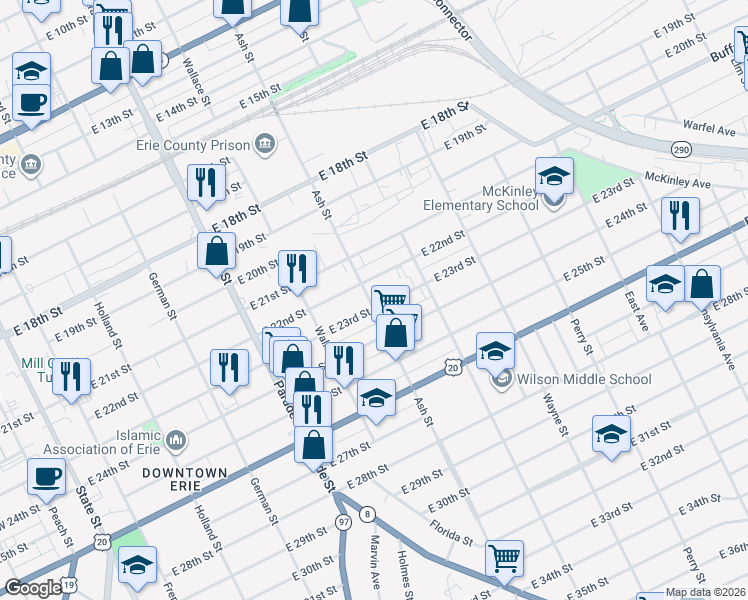 map of restaurants, bars, coffee shops, grocery stores, and more near 601 East 22nd Street in Erie