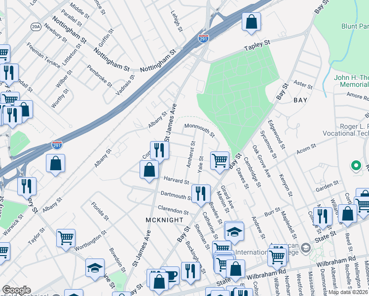map of restaurants, bars, coffee shops, grocery stores, and more near 14 Lafayette Street in Springfield