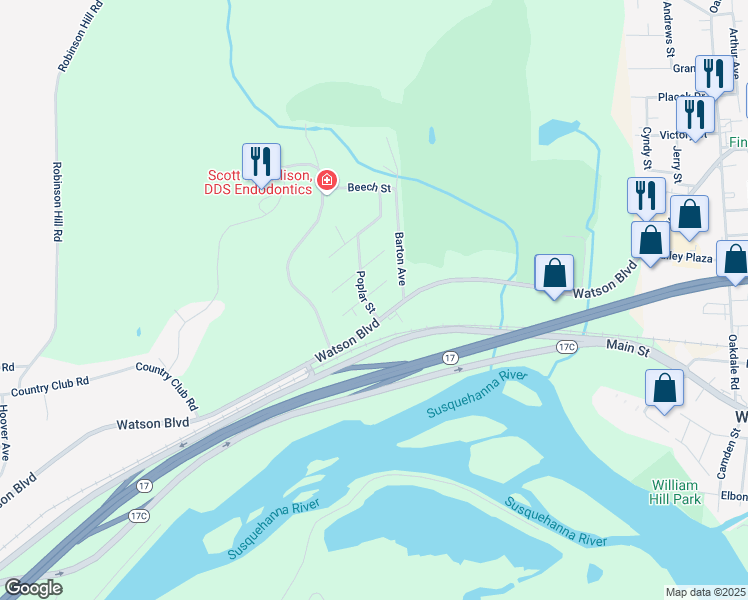 map of restaurants, bars, coffee shops, grocery stores, and more near 22 Birch Street in Johnson City