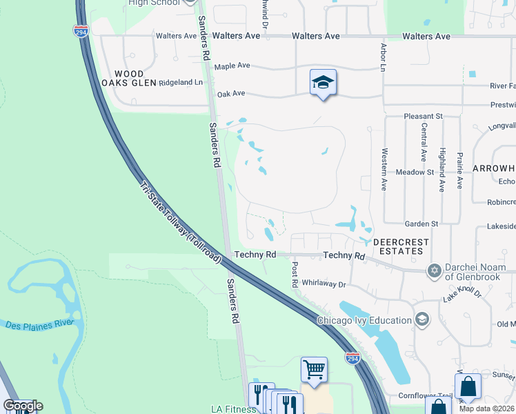 map of restaurants, bars, coffee shops, grocery stores, and more near 3923 Mission Hills Road in Northbrook
