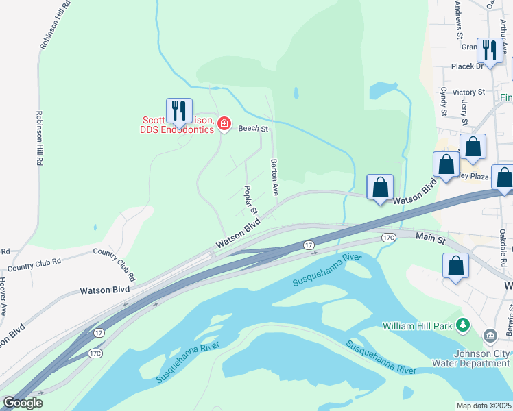 map of restaurants, bars, coffee shops, grocery stores, and more near 22 Birch Street in Johnson City