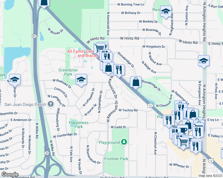 map of restaurants, bars, coffee shops, grocery stores, and more near 915 West Alleghany Drive in Arlington Heights