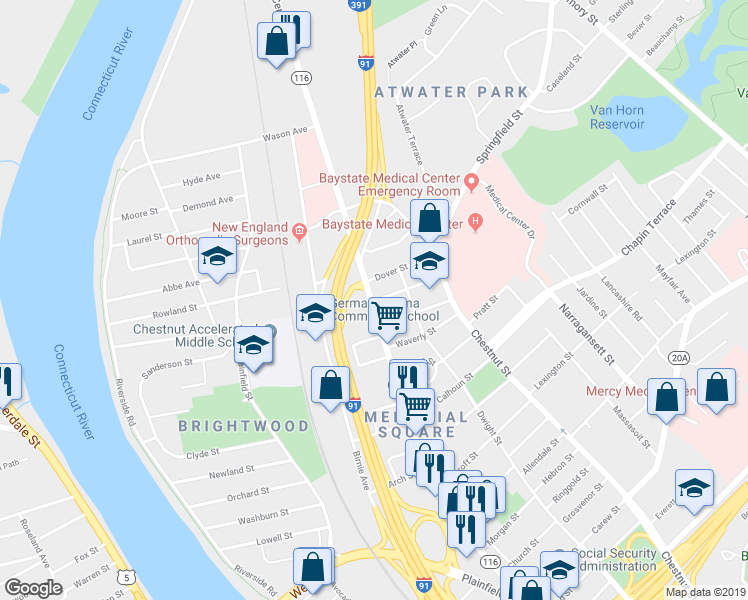 map of restaurants, bars, coffee shops, grocery stores, and more near 4 Cumberland Street in Springfield