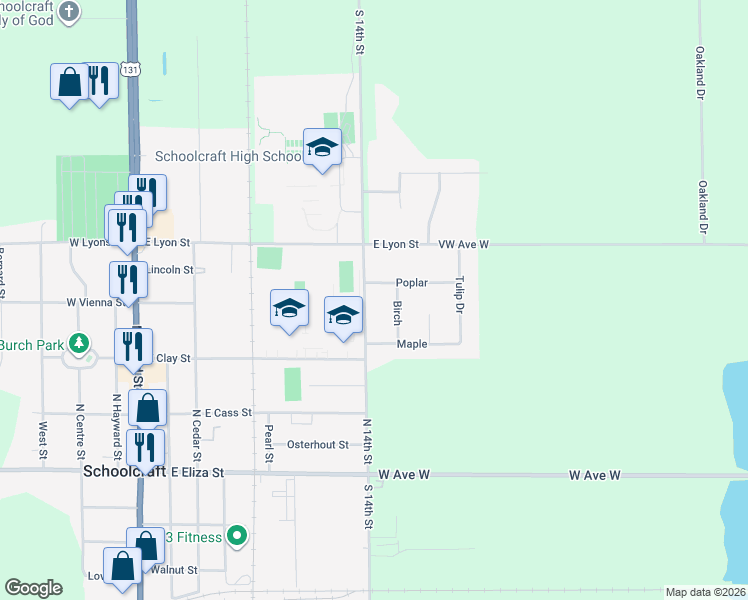 map of restaurants, bars, coffee shops, grocery stores, and more near 499 North 14th Street in Schoolcraft