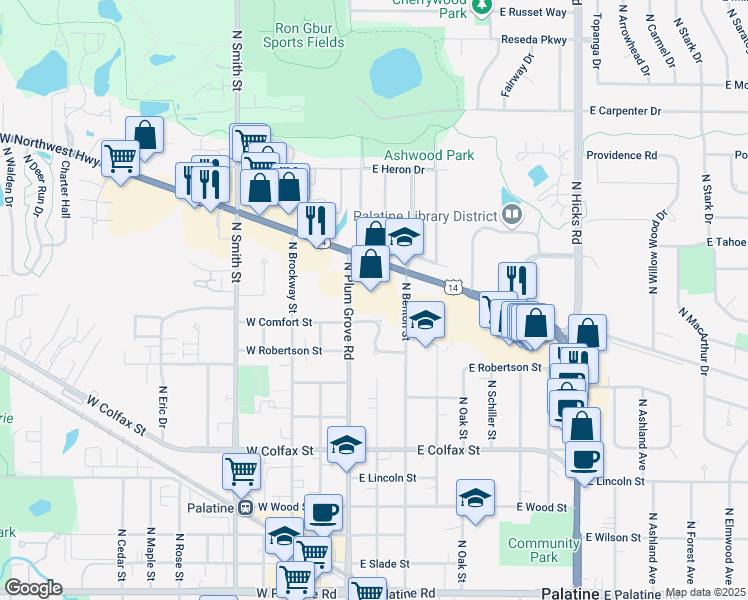map of restaurants, bars, coffee shops, grocery stores, and more near 37 East Northwest Highway in Palatine