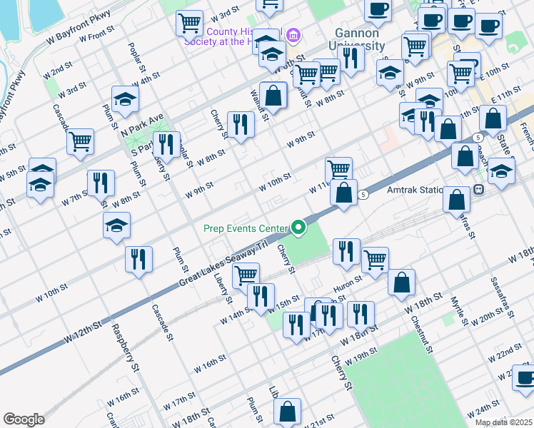 map of restaurants, bars, coffee shops, grocery stores, and more near 1000 Cherry Street in Erie