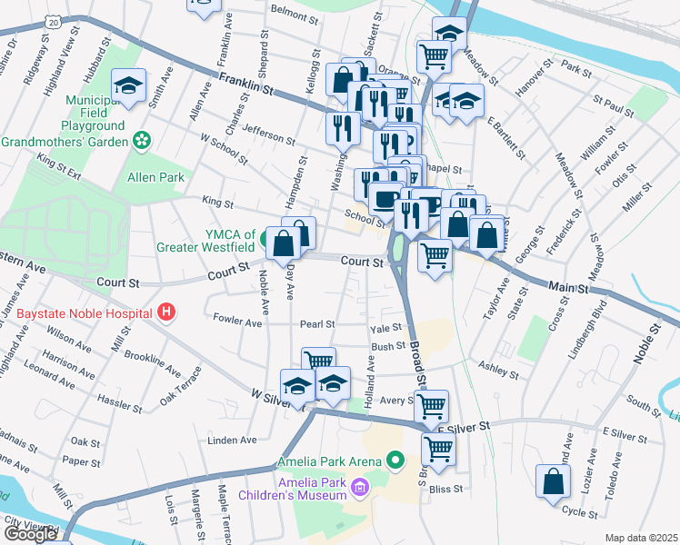 map of restaurants, bars, coffee shops, grocery stores, and more near 36 Court Street in Westfield