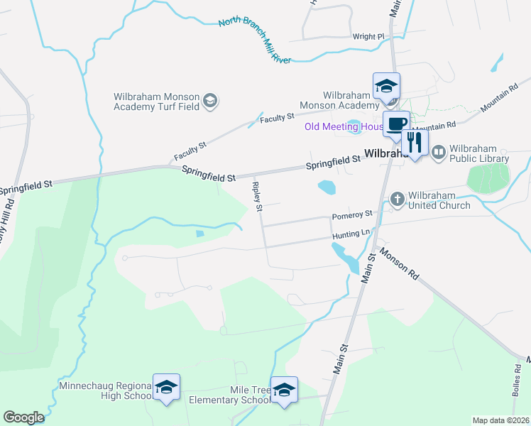 map of restaurants, bars, coffee shops, grocery stores, and more near 10 Ripley Street in Wilbraham