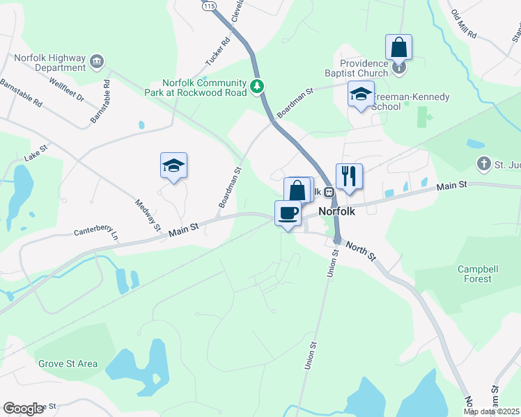 map of restaurants, bars, coffee shops, grocery stores, and more near 194 Main Street in Norfolk