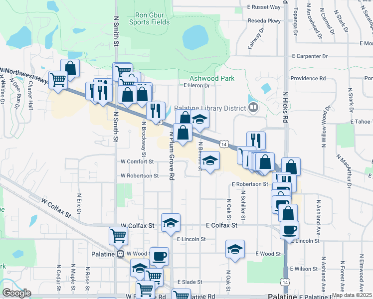 map of restaurants, bars, coffee shops, grocery stores, and more near 37 East Northwest Highway in Palatine