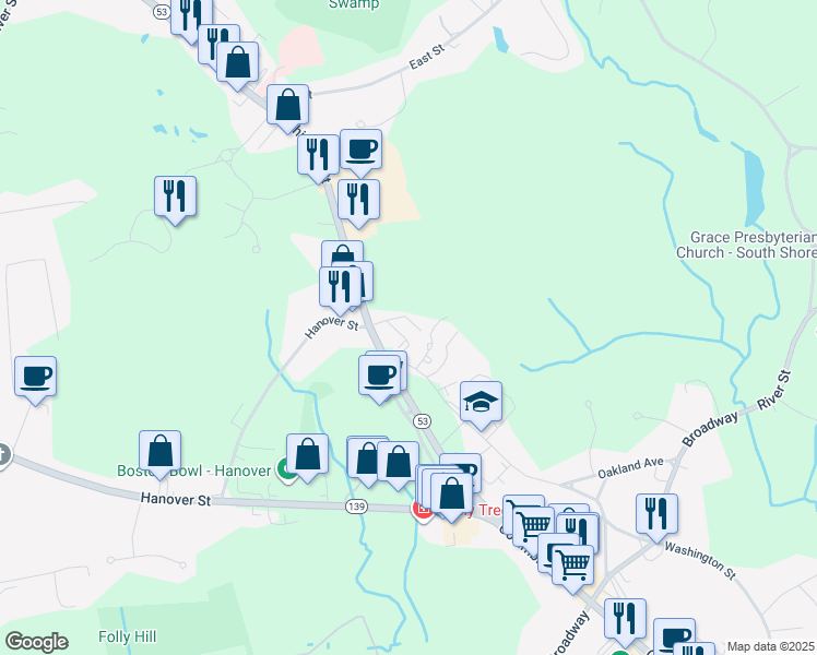 map of restaurants, bars, coffee shops, grocery stores, and more near 525 Washington Street in Hanover
