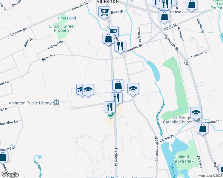 map of restaurants, bars, coffee shops, grocery stores, and more near 590 Bedford Street in Abington