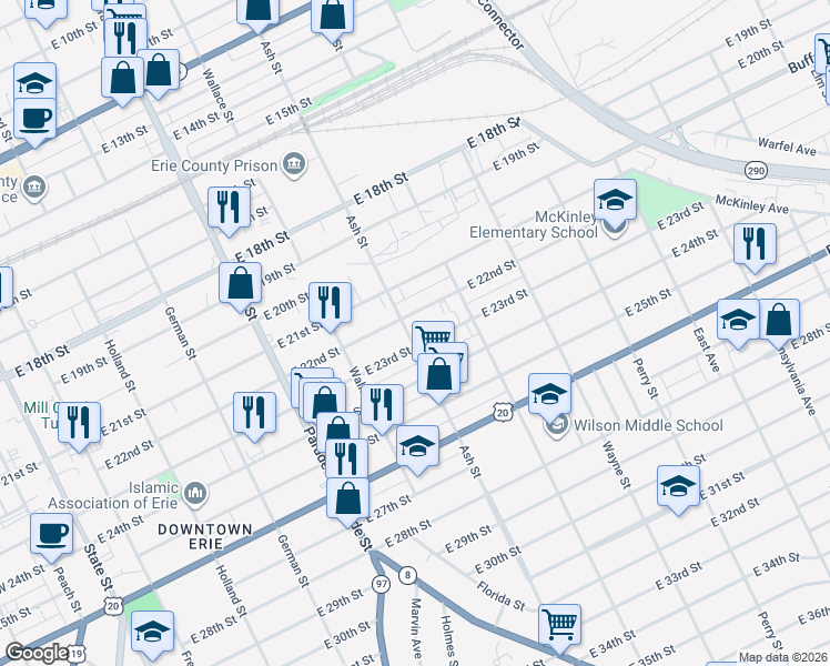 map of restaurants, bars, coffee shops, grocery stores, and more near 601 East 22nd Street in Erie
