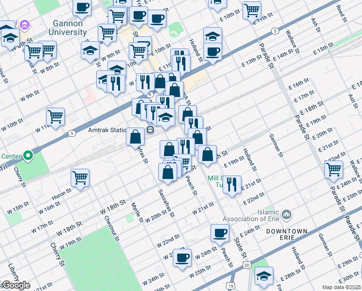 map of restaurants, bars, coffee shops, grocery stores, and more near 1511 State Street in Erie
