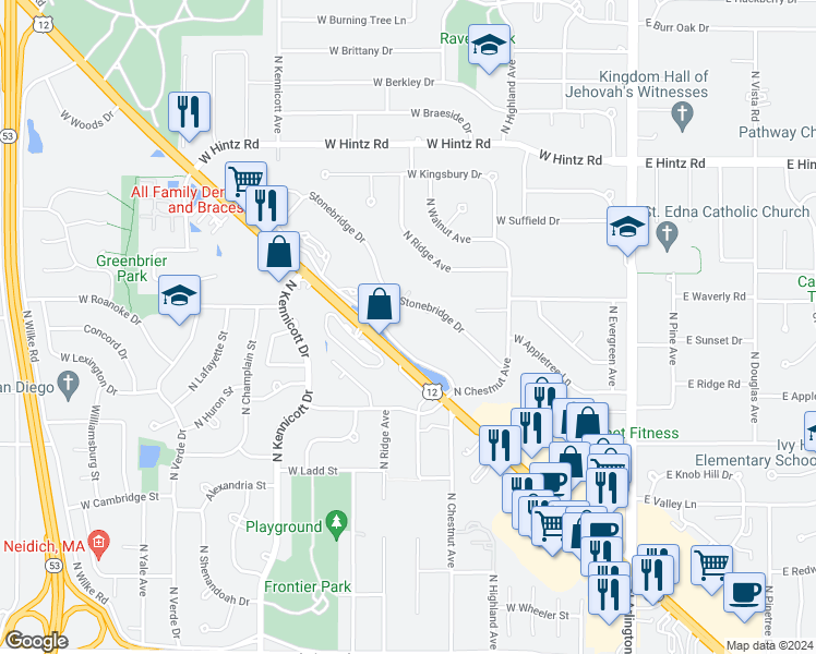 map of restaurants, bars, coffee shops, grocery stores, and more near 600 West Rand Road in Arlington Heights