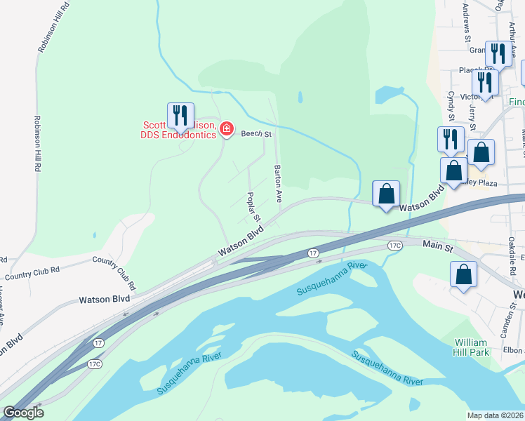 map of restaurants, bars, coffee shops, grocery stores, and more near 24 Birch Street in Johnson City