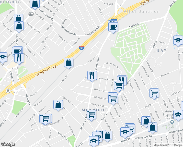 map of restaurants, bars, coffee shops, grocery stores, and more near 111 Cornell Street in Springfield