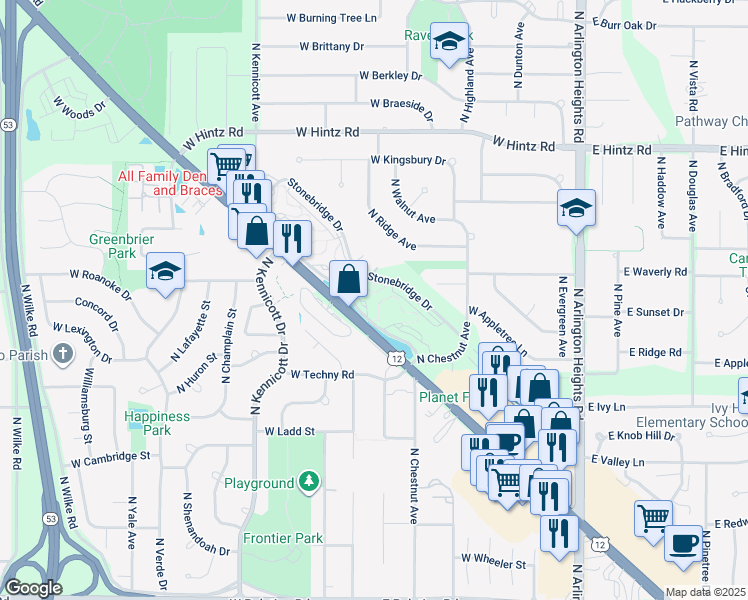 map of restaurants, bars, coffee shops, grocery stores, and more near 600 West Rand Road in Arlington Heights