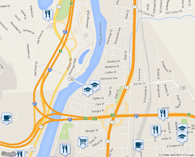 map of restaurants, bars, coffee shops, grocery stores, and more near 1 Dennison Avenue in Binghamton