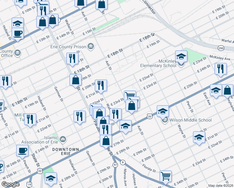 map of restaurants, bars, coffee shops, grocery stores, and more near 545 East 22nd Street in Erie