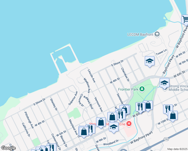 map of restaurants, bars, coffee shops, grocery stores, and more near 205 Lincoln Avenue in Erie