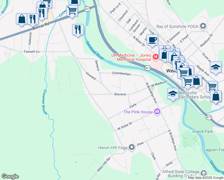map of restaurants, bars, coffee shops, grocery stores, and more near 17 McDowell Avenue in Wellsville