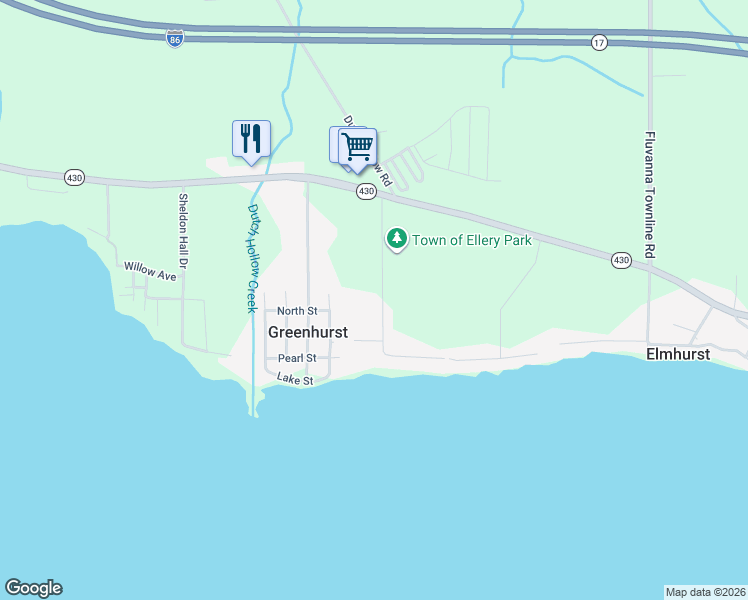 map of restaurants, bars, coffee shops, grocery stores, and more near 2833 Heineman Road in Bemus Point