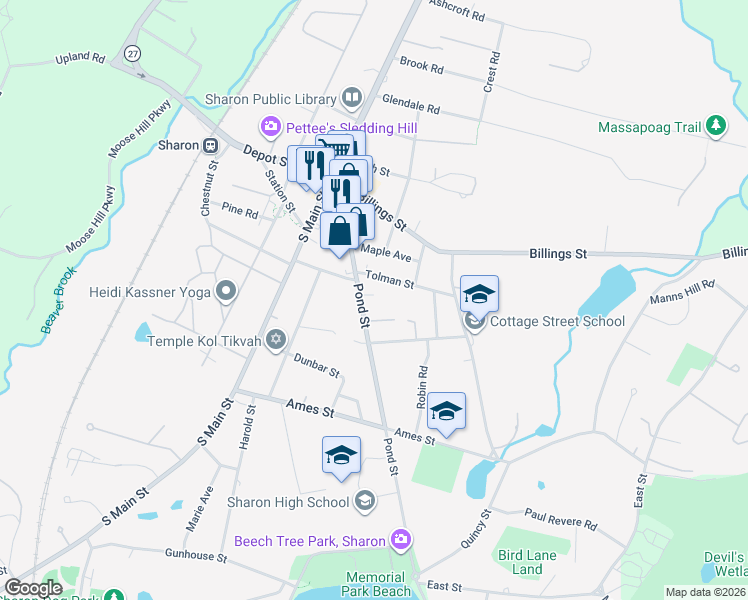 map of restaurants, bars, coffee shops, grocery stores, and more near 13 Tolman Street in Sharon
