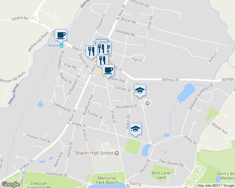 map of restaurants, bars, coffee shops, grocery stores, and more near 13 Tolman Street in Sharon