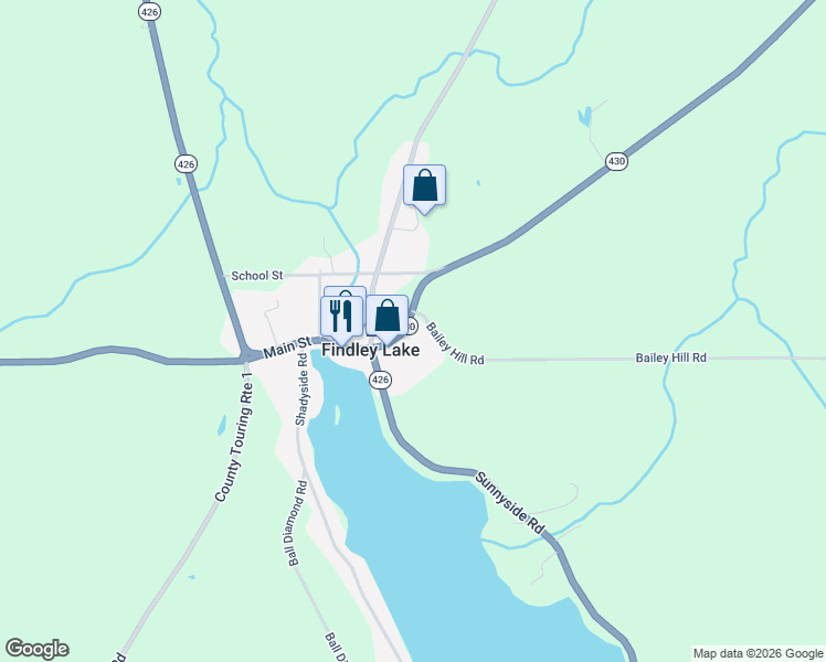 map of restaurants, bars, coffee shops, grocery stores, and more near 10337 Main Street in Findley Lake