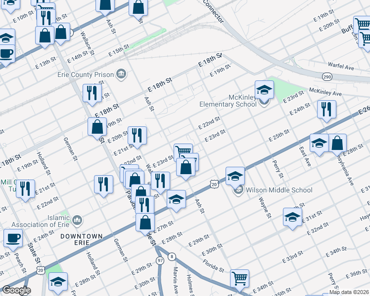 map of restaurants, bars, coffee shops, grocery stores, and more near 638 E 23rd St in Erie