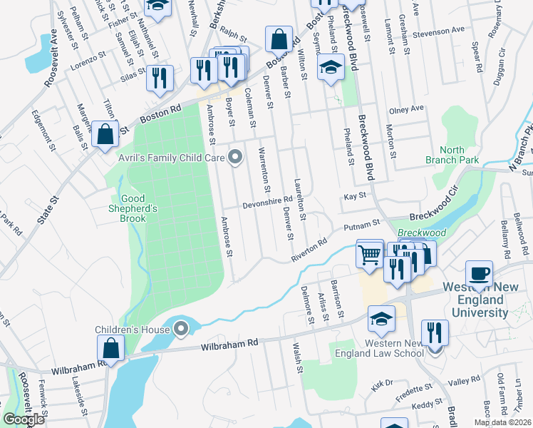 map of restaurants, bars, coffee shops, grocery stores, and more near 30 Warrenton Street in Springfield