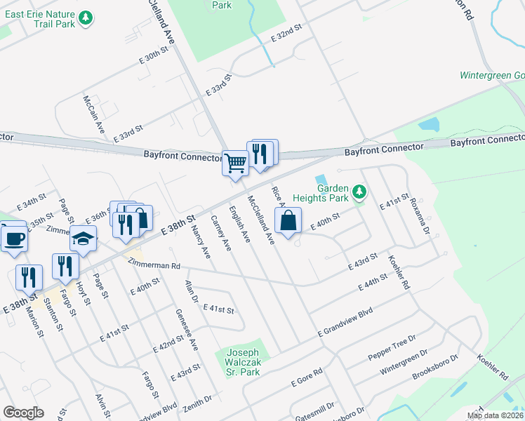 map of restaurants, bars, coffee shops, grocery stores, and more near 3823 McClelland Avenue in Erie