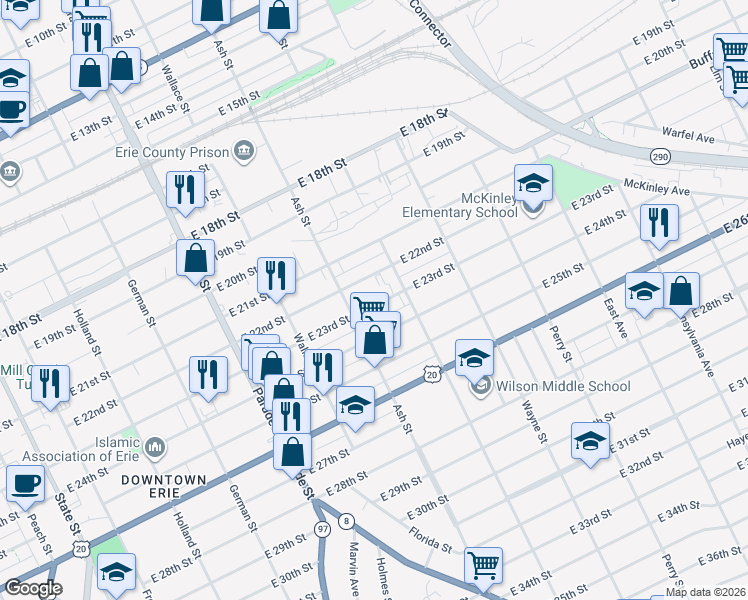 map of restaurants, bars, coffee shops, grocery stores, and more near 638 E 23rd St in Erie