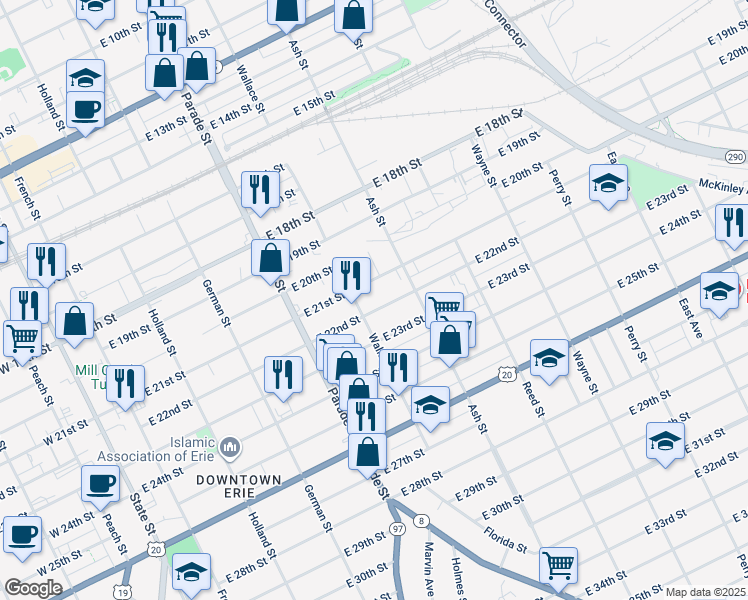 map of restaurants, bars, coffee shops, grocery stores, and more near 532 East 22nd Street in Erie