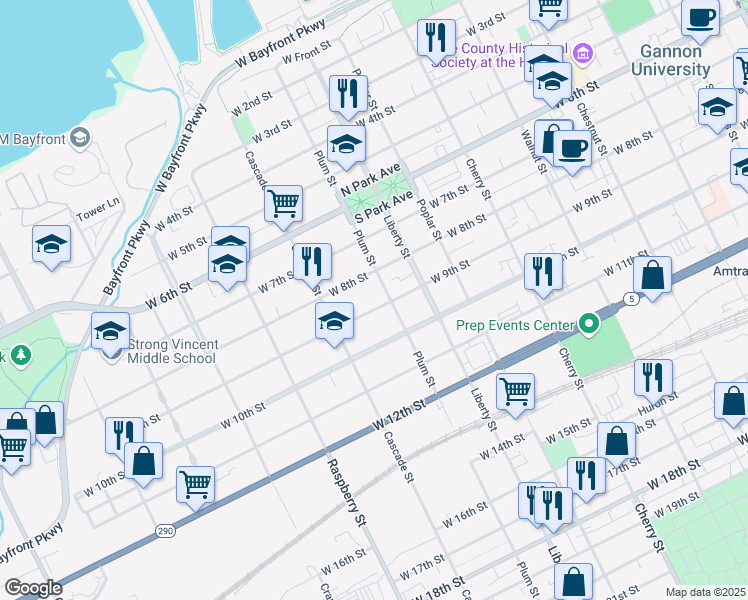 map of restaurants, bars, coffee shops, grocery stores, and more near 926 28 W 9 Street in Erie