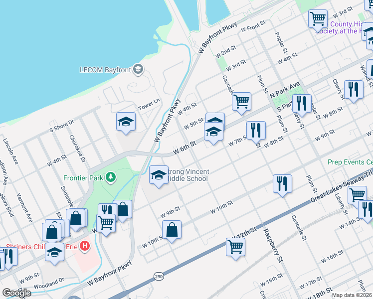 map of restaurants, bars, coffee shops, grocery stores, and more near 1163 West 6th Street in Erie