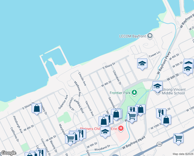 map of restaurants, bars, coffee shops, grocery stores, and more near 220 Seminole Dr in Erie