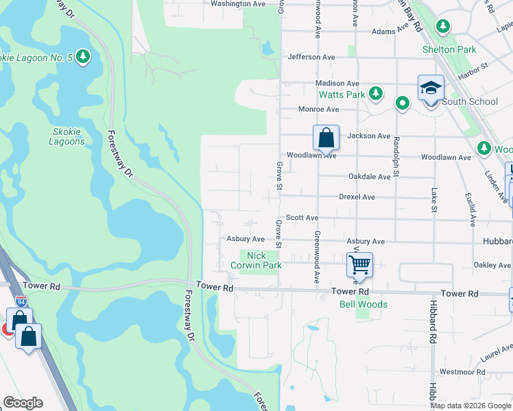map of restaurants, bars, coffee shops, grocery stores, and more near 290 Drexel Lane in Glencoe
