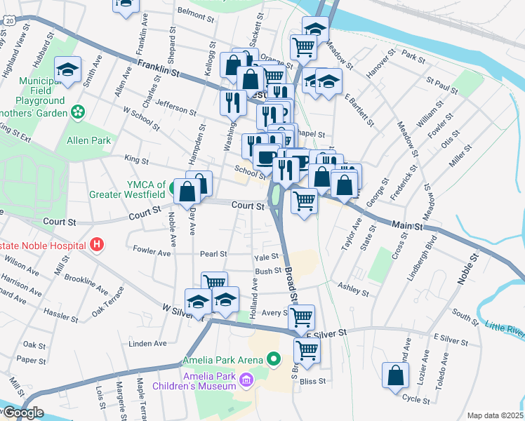 map of restaurants, bars, coffee shops, grocery stores, and more near 7 Court Street in Westfield